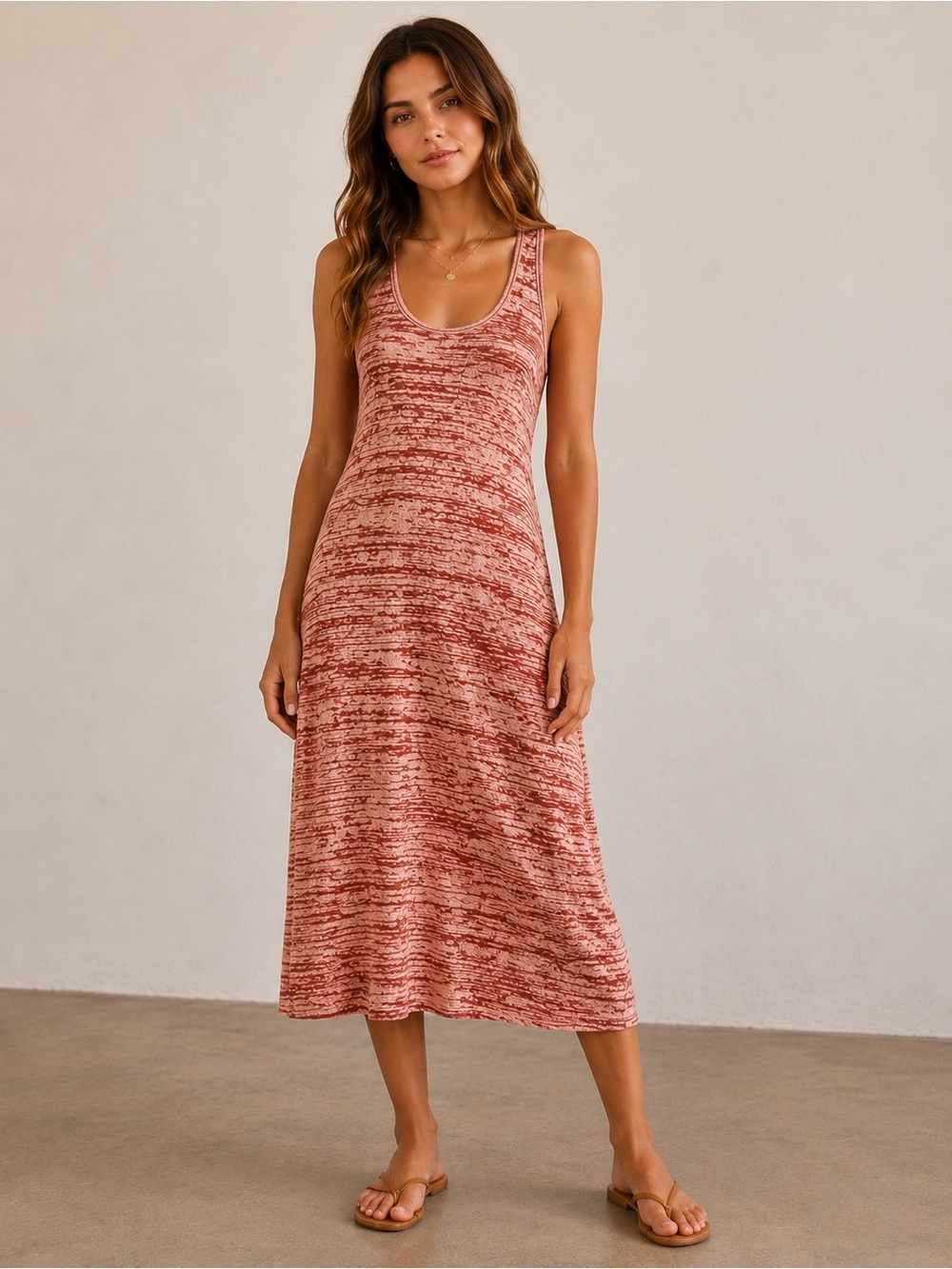 Misha & Puff Womens XS Pima Cotton Marled Racerback Midi Dress Pink Rust Peru